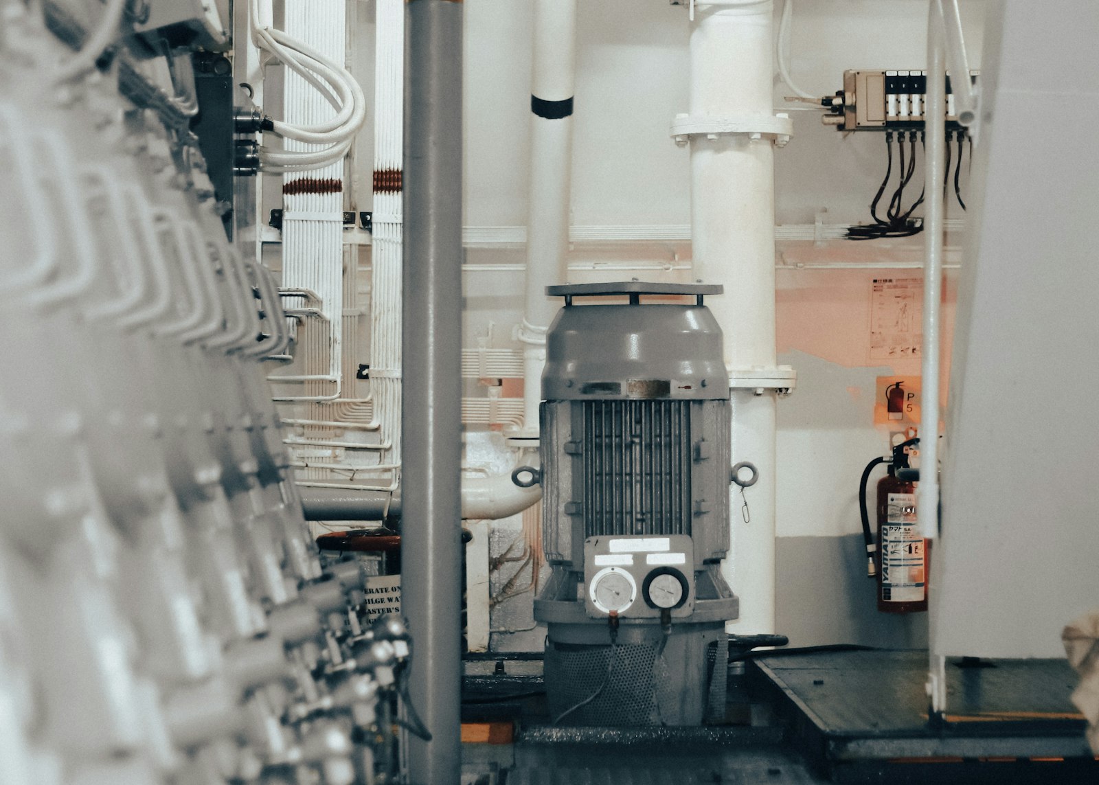 An electric motor with gauges beside pipework in a machinery space