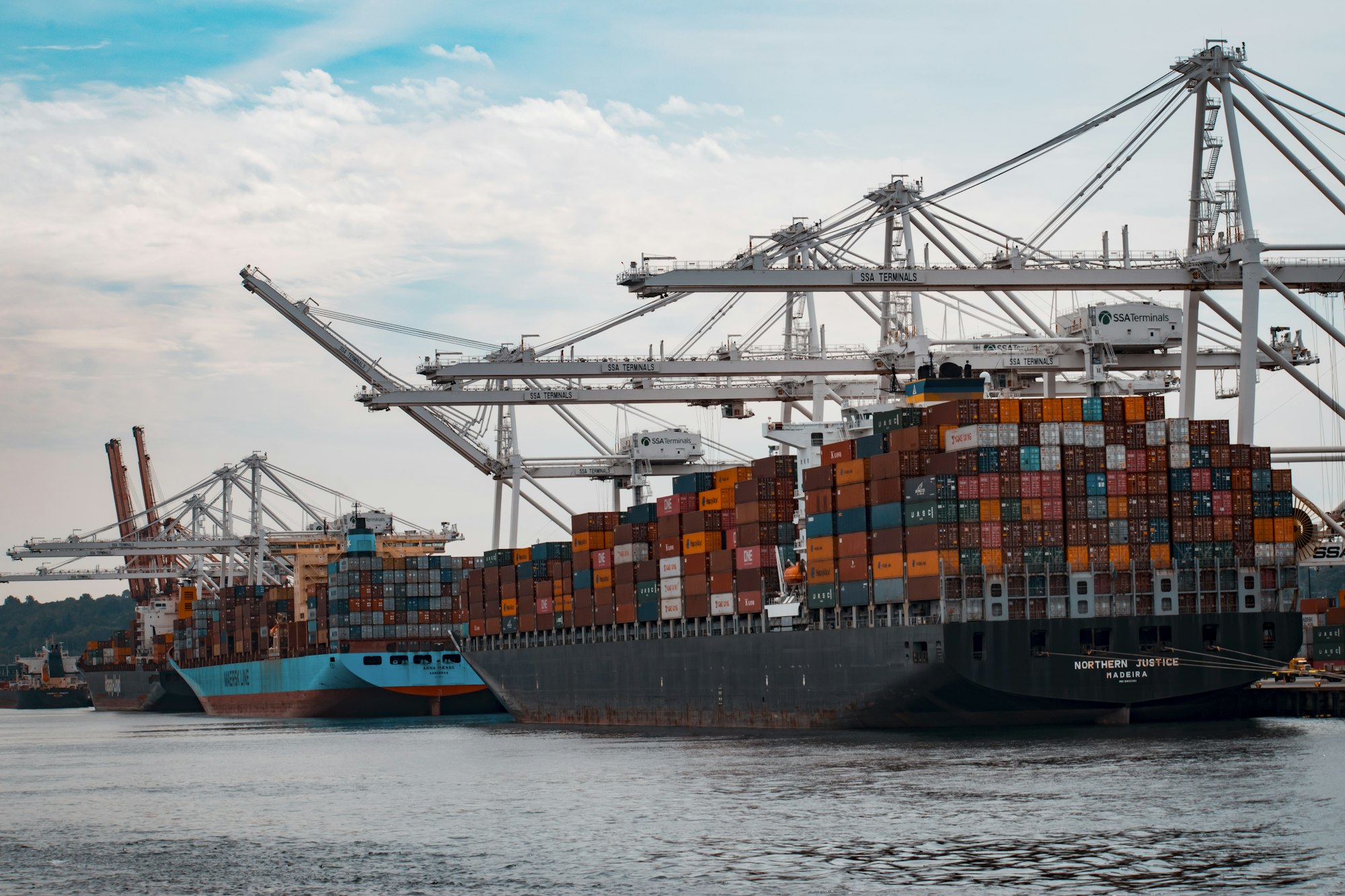 Two container ships berthed under terminal cranes